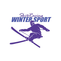Obraz premium Mountain Skiing Logo Design Vector. Silhouette Ski Player Template Illustration