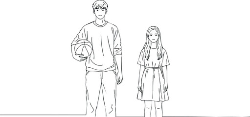 Obraz premium Young boy and girl standing side by side holding basketball black and white vector illustration 
