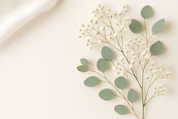Delicate White Baby's Breath and Eucalyptus Sprigs on Cream Background floral flower