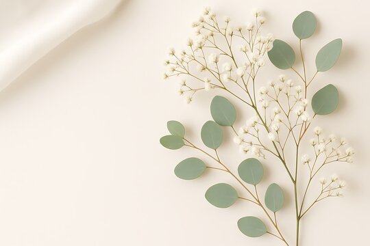 Delicate White Baby's Breath and Eucalyptus Sprigs on Cream Background floral flower