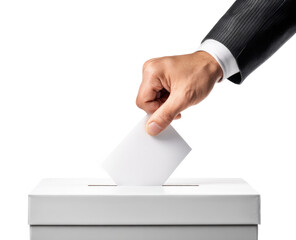 Close-up of a hand in a suit jacket inserting a white ballot into a white ballot box
