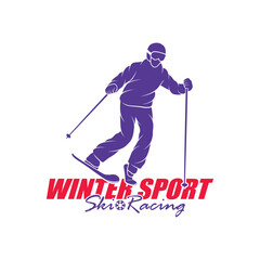 Obraz premium Mountain Skiing Logo Design Vector. Silhouette Ski Player Template Illustration