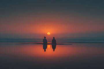 Two people sitting on the beach, watching the glowing sunset over the horizon, sharing a moment of tranquility and connection.