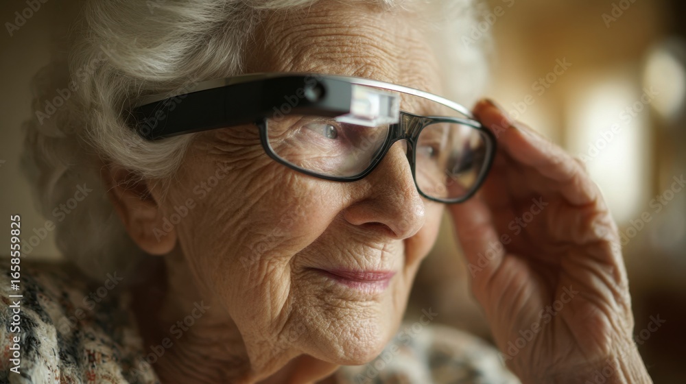 Poster medium shot of a hardofhearing elder viewing smart glasses with streaming subtitles precise focus on
