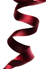 A vibrant, deep crimson ribbon spirals elegantly downward against a black background.  The ribbon's texture appears smooth and glossy, with subtle variations in shade