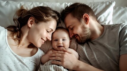 A closeup of a man and a woman lying on a bed, sharing a tender moment with a smiling baby. The man is leaning in to kiss the baby on the forehead. - Powered by Adobe