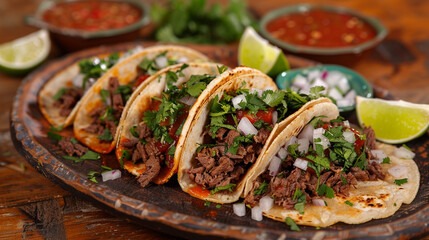 Taco truck serving carne asada tacos with lime wedges, fresh cilantro, onions, and salsa roja.