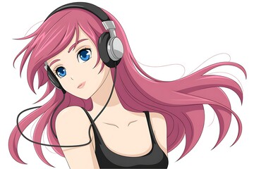 Anime girl with pink hair and headphones listening to music in black top against a white background