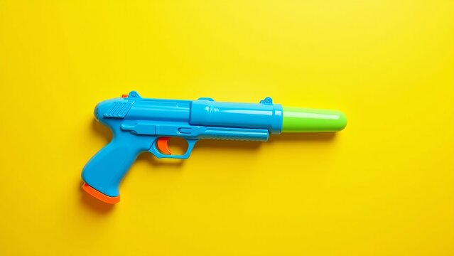 Plastic water gun, isolated toy, yellow background design, graphic mockup resource, summer play prop, colorful kids object, playful design element