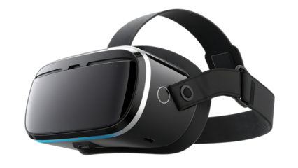A sleek black vr headset is isolated on transparent background, offering an immersive virtual reality experience for gaming and entertainment