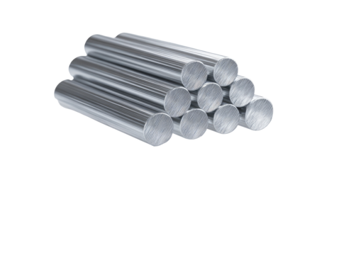 Stack of cylindrical metal rods.  Stacked metal bars.  Close-up view.  Shiny, metallic surface.  Industrial materials