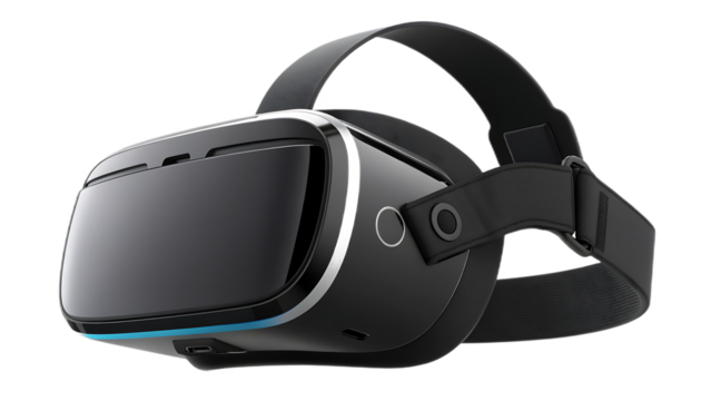 A sleek black vr headset is isolated on transparent background, offering an immersive virtual reality experience for gaming and entertainment