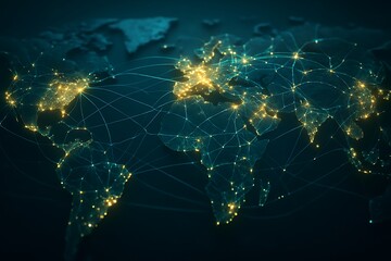 Global Network of Lights Connecting Cities on a World Map Keywords: world map, global network
