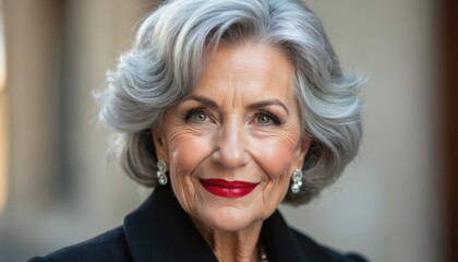 Fototapeta premium Elegant mature woman with gray hair, green eyes, and bold red lipstick smiles confidently. She wears stylish earrings and a black jacket, exuding sophistication and poise in a studio portrait.