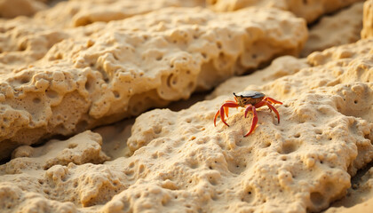 Red crab walking on sandy shore with coral texture background  
