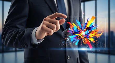 Dynamic business professional interacting with vibrant digital data visualization in modern highrise office, unlocking future possibilities with technology