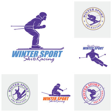 Set of Mountain Skiing Logo Design Vector. Silhouette Ski Player Template Illustration
