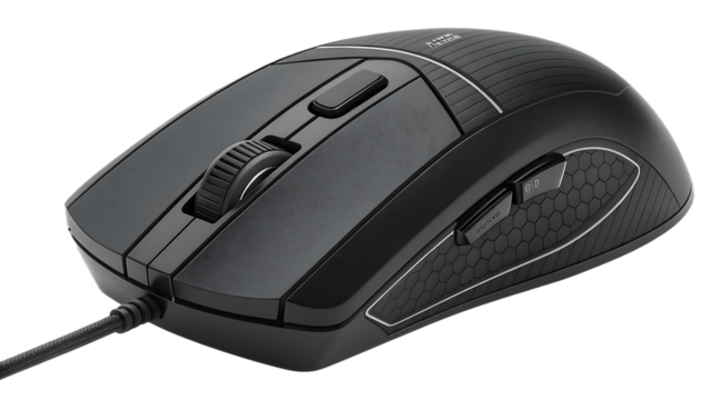 A sleek black gaming mouse with a textured surface and ergonomic design, offering precise control for an immersive gaming experience, is isolated on transparent background