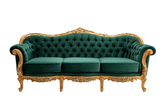 Emerald green velvet sofa with ornate gold frame isolated on transparent background - Powered by Adobe