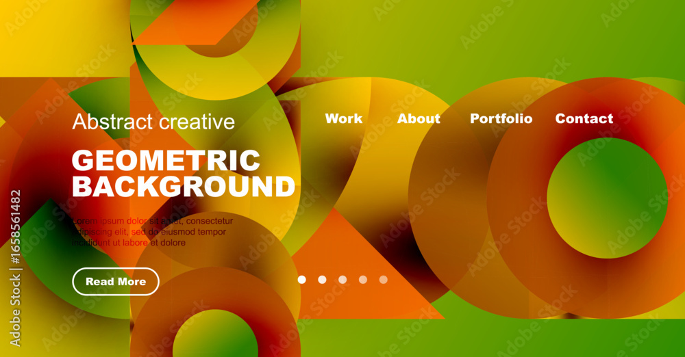 Poster abstract geometric background with vibrant colors. website header includes navigation options, text,