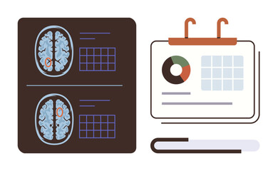 Brain MRI scans alongside data charts and clipboard presenting analysis. Ideal for neurology, healthcare, research, data visualization, diagnostics, cognitive study, medical education. A simple flat