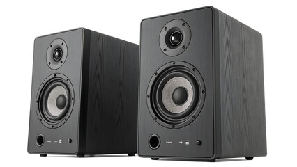 Fototapeta premium Two black wooden speakers are isolated on transparent background, showcasing high quality audio equipment for music and entertainment