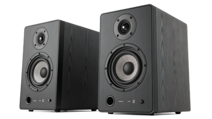 Two black wooden speakers are isolated on transparent background, showcasing high quality audio equipment for music and entertainment