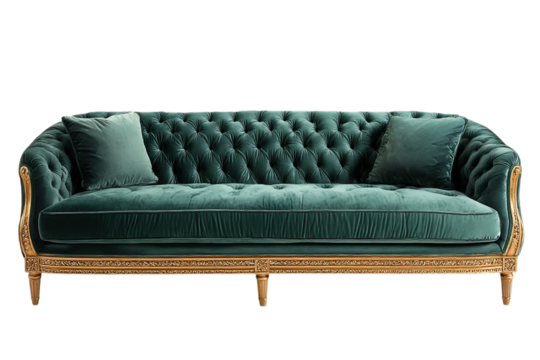 Emerald green velvet sofa with cushions and ornate gilded frame isolated on white isolated on transparent background