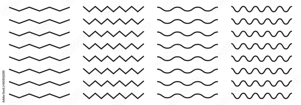 Poster Waves line set. Sea wave ornament pattern. Set of wavy zigzag lines. Wave thin line background. Vector zigzag and wavy horizontal underline. Editable line stock. 
