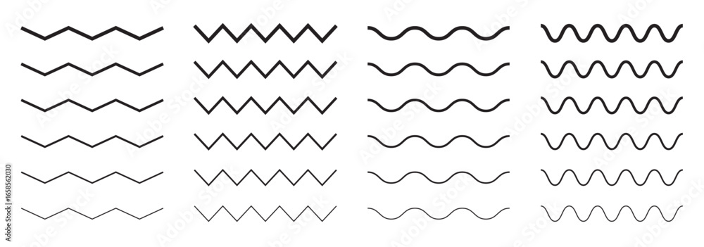 Poster Waves line set. Sea wave ornament pattern. Set of wavy zigzag lines. Wave thin line background. Vector zigzag and wavy horizontal underline. Editable line stock. 