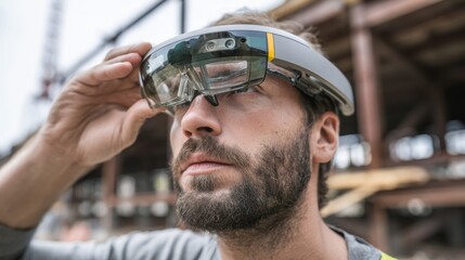 Medium shot of quality inspector using augmented reality glasses on construction site outoffocus scaffolding and steel girders behind.