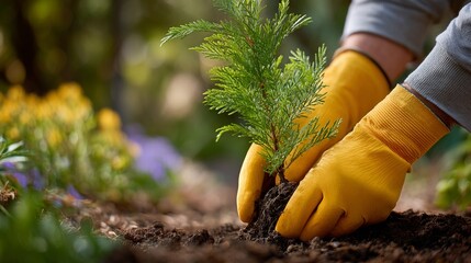 Hands in yellow gloves planting a lush evergreen tree