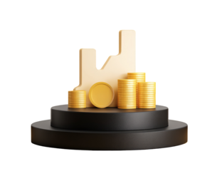 Beige graph icon atop stacked gold coins on a black tiered pedestal.  3D rendering