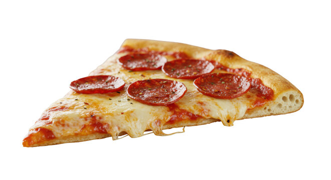 A perfectly styled slice of classic pepperoni pizza with glossy melted mozzarella, crisp charred pepperoni, and a golden bubbly crust on concrete, soft bokeh background, for food marketing concept