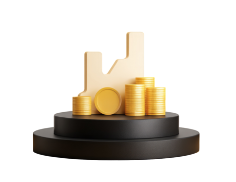 Beige graph icon atop stacked gold coins on a black tiered pedestal.  3D rendering