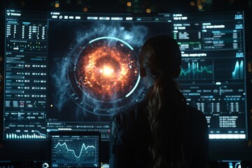 Technology is explored as a woman analyzes data on large screens in a futuristic workspace at night