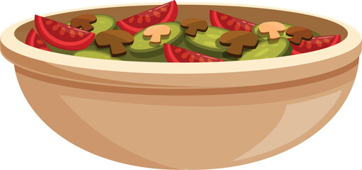 Healthy vegetarian salad with tomatoes, cucumbers and mushrooms served in ceramic bowl
