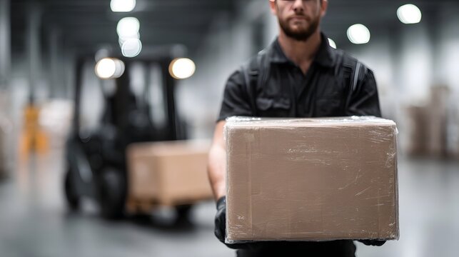 Worker lifting heavy box with forklift in warehouse