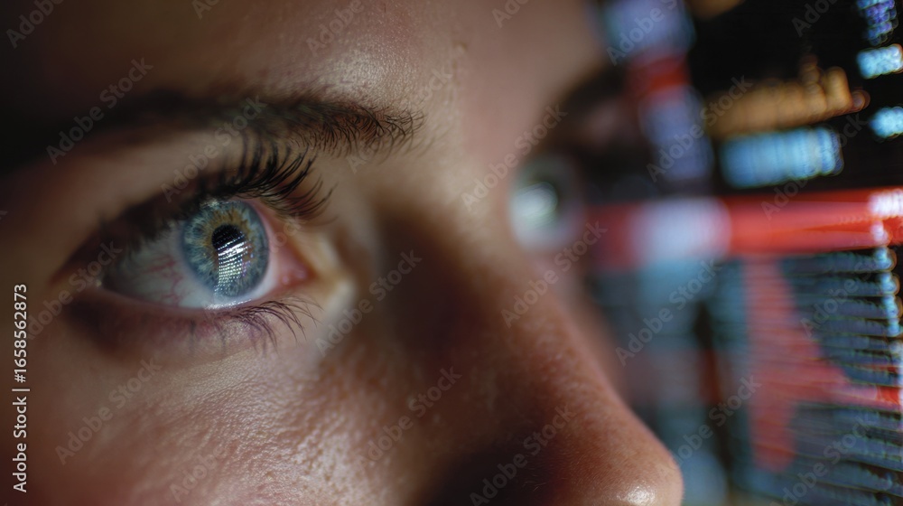 Poster medium shot of a test subjects face reflecting on a monitor displaying eyetracking data while surrou