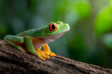 Naklejka premium Lush Green Tree Frog with Bright Orange Eyes in Forest Setting