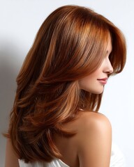 Fototapeta premium Long Reddish-Hued Hair with Flowing Layers on White Background