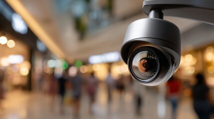 Modern security camera mounted in a shopping mall with lively shoppers below