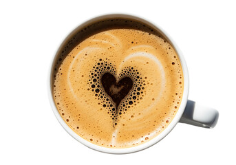 Top view of a white mug filled with rich coffee topped with a heart shaped foam art