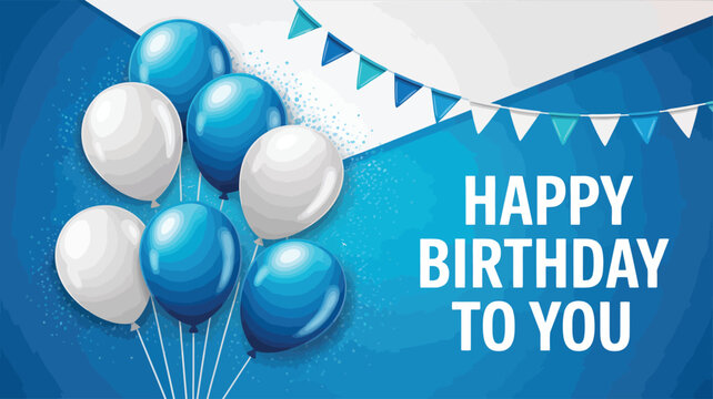 Festive happy birthday greeting with blue and white balloons, bunting flags, and confetti on vibrant blue background for celebration
