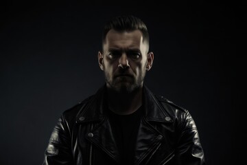 Obraz premium A rugged man with a full beard wearing a stylish leather jacket stands confidently against an urban backdrop
