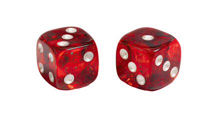 Two translucent red dice, close-up, isolated on black