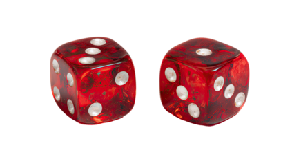 Two translucent red dice, close-up, isolated on black