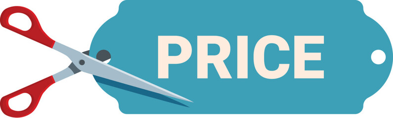 Red scissors are cutting a blue price tag, symbolizing price cuts and offering big savings