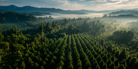 Fototapeta premium Aerial View of Reforestation with Dense Green Trees in Morning Fog