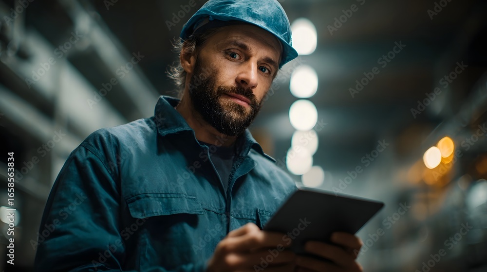 Poster factory supervisor using tablet to inspect production line
